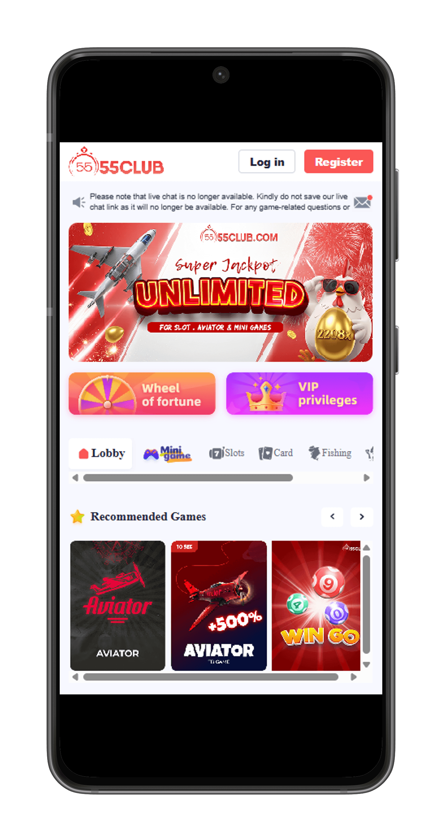 55 Club Game Android app interface